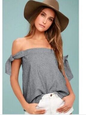 Lulus Blue Linen Cotton Off The Shoulder Top Women's XS Tie Detail Zip Back